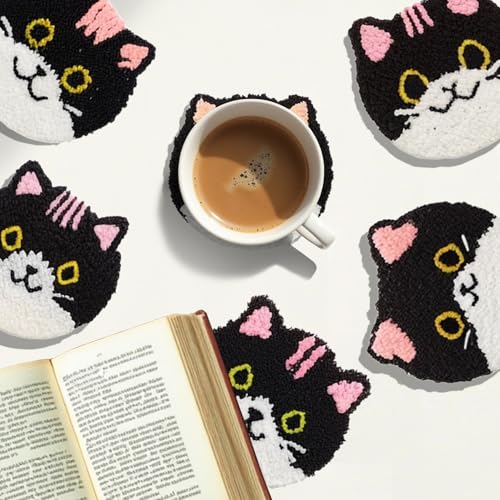Image of 57lilina 6pcs Coaster Punch Needle Kit for Beginners & Adults, Animal Cat | Complete Step-by-Step Guide Make Punch Stitching Embroidery Art Drink Coasters, Easy DIY Hobby Craft Set for Women Starter
