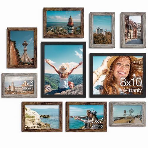 Image of Vittanly Picture Frames Set of 10, Picture Frames Collage Wall Decor with Two 8x10, Four 5x7 and Four 4x6 Photo Frames, Gallery Wall Frame Set for Wall or Tabletop Display, Black, Brown and Dark Grey
