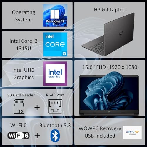 Image of HP 15.6 Inch Business Laptop with Microsoft Office on The Web, Powerful 13th Intel Core i3 Processor (Beats i7-1165G7), 8GB RAM, 628B SSD(500 GB External), Windows 11 Pro, WOWPC 3 in 1