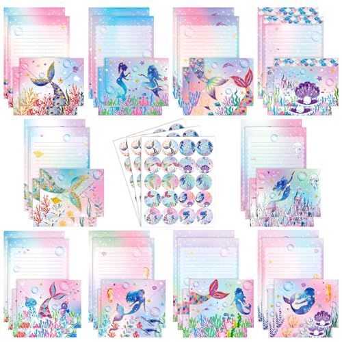 TaoBary 160 Pcs Stationery Paper Set 50 Double Sided Stationery Papers with 50 Matching Envelopes and 60 Round Dot Sticker, 10 Design(Mermaid,5.5 x 8.25 Inch)