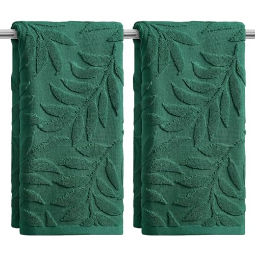 Artoid Mode 2 Pcs Dark Green 3D Leaves Jacquard Hand Towels for Bathroom 100% Cotton Soft Absorbent Bathroom Decor Towels 13.7 x 29.5 Inch