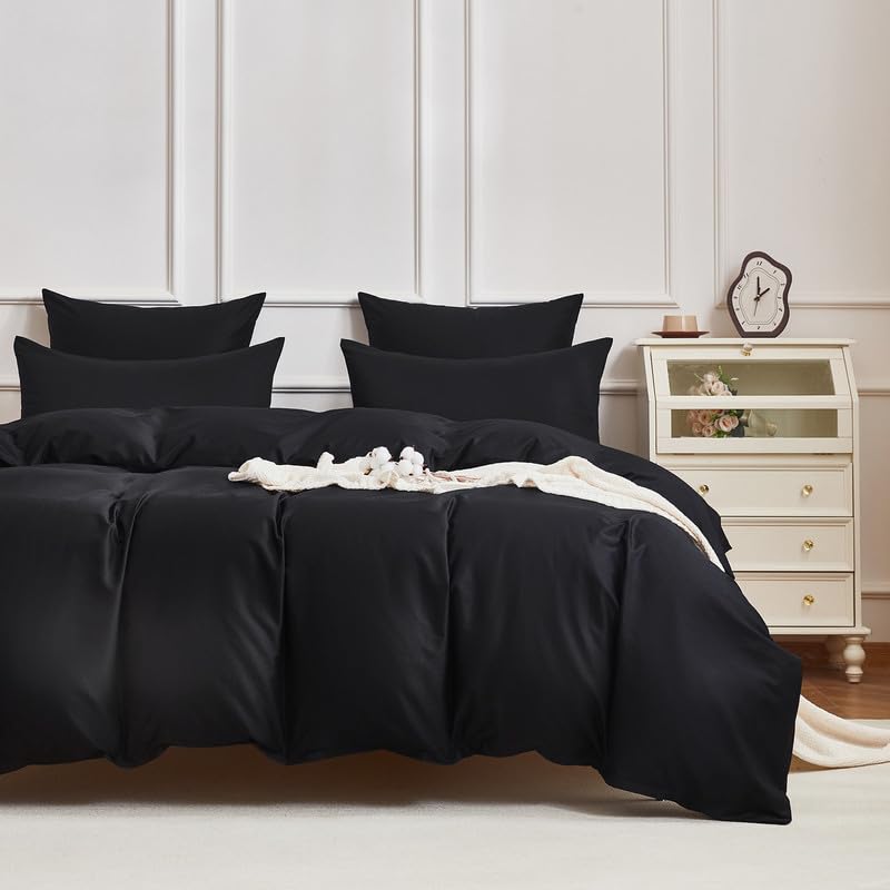 Gezu 100% Baumwolle Bettwäsche 200x200cm Schwarz Mako Satin Bettwäsche Baumwollesatin 3 Teilig Einfarbig Uni Ästhetik Weich Bettbezug Set 200x200cm mit 2 Kissenbezug 80x80 und Reißverschluss