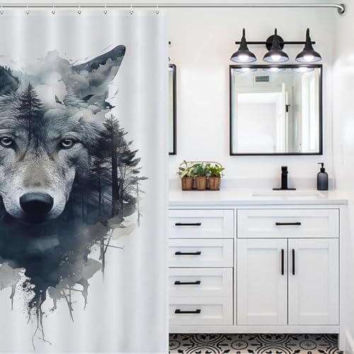 Rideau de douche loup imperméable en polyester résistant avec 12 crochets