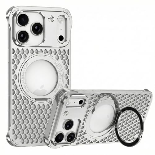 Coque aluminium iPhone 17 Pro Max avec béquille rotative 360° et cadre ouvert Magsafe argent