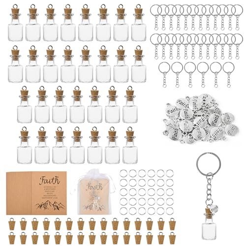 30 Sets Christian Gifts Mustard Seed Keychain Includes 30 Pcs DIY Craft Mini Glass Bottles with Cork Faith Charms Christian Cards Religious Inspirational Gift for Women Men, Without Seed(Classic)