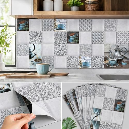 Image of Kitchen Wallpaper Tiles Sticker 12x18 Inch (Pack of 6) Self Adhesive Waterproof Oil Proof Wall Stickers for Kitchen Backsplash Decoration Heat Resistant PVC Wall Paper Tiles Design Kitchen Decor