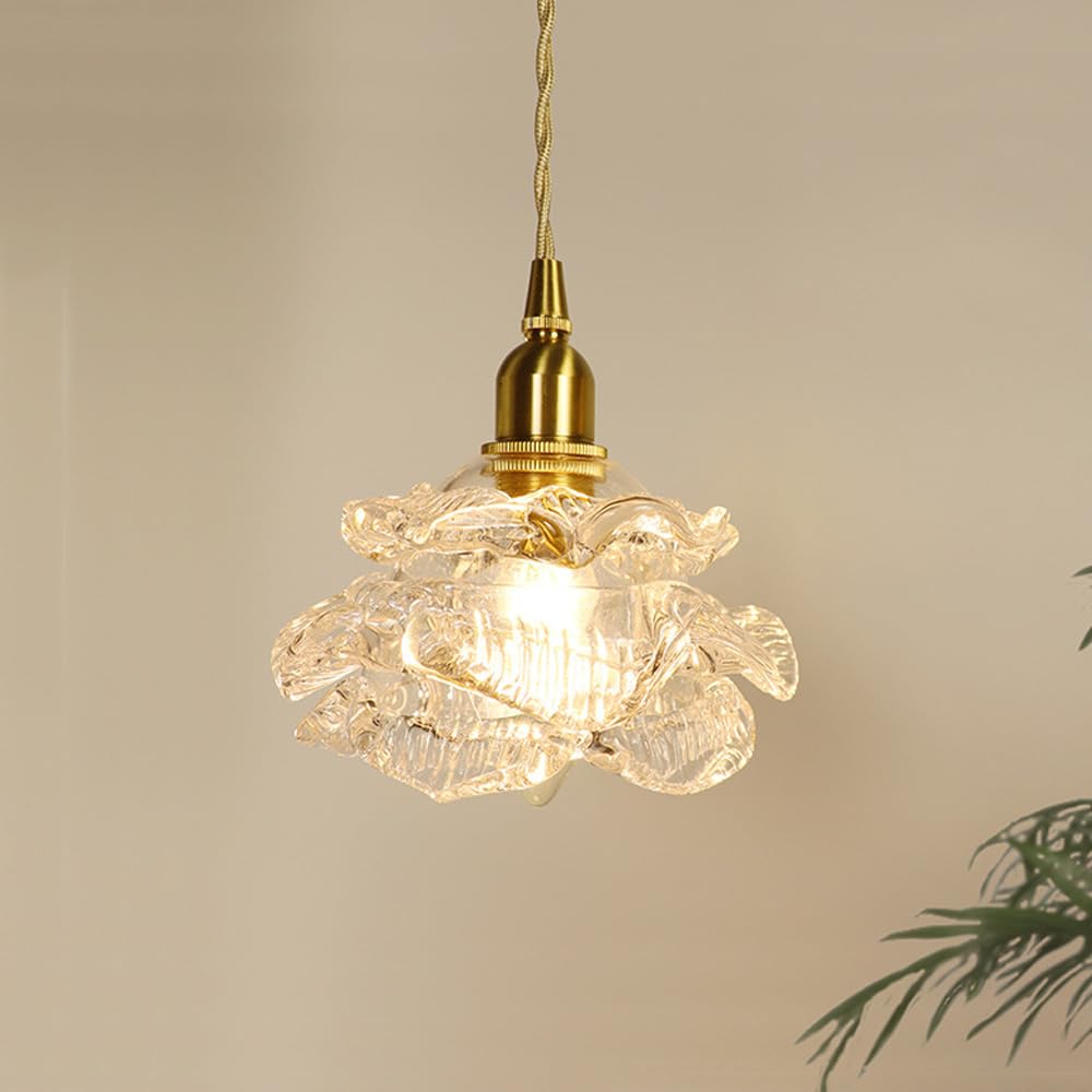 SWEMOPP French Flower Shape Glass Pendant Light Fixtures Antique Rose Petal Ceiling Hanging Lamp Small Nordic Modern Chandelier for Dining Room Table