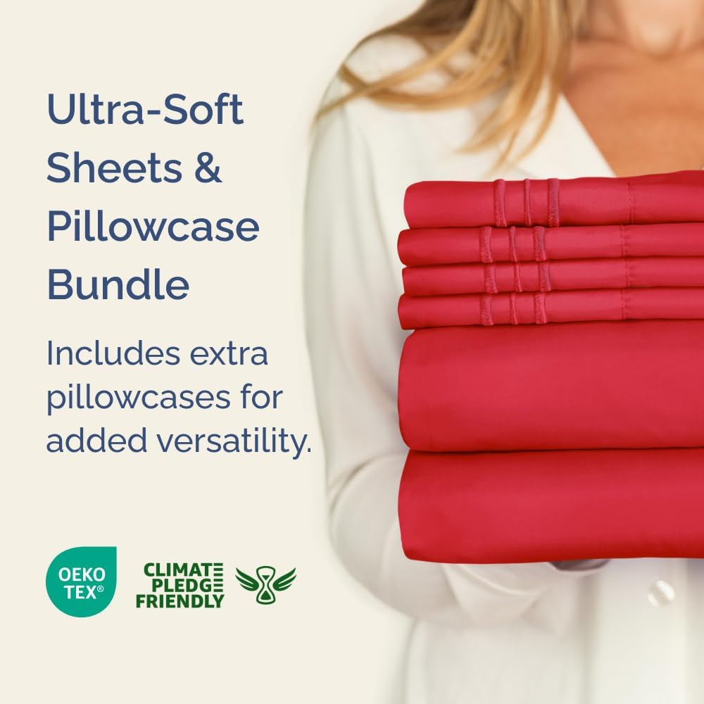 Red 4-Piece Sheet Set & Pillowcase Bedding Bundle (Queen Size) - Complete Queen Sheet Set & 2 Pillowcases with Deep Pockets up to 16 inches - Comfy, Hotel Luxury Quality - Soft, Breathable & Cooling