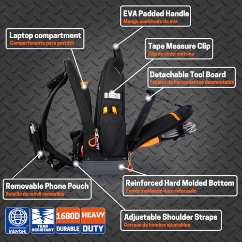 WISEPRO Tool Bag Backpack, Heavy Duty Tradesman Tool Bag with 30 Pockets, Detachable Tool Board, Waterproof Bottom, Tool Backpack for Hvac Electrician Construction Jobsite - Image 3