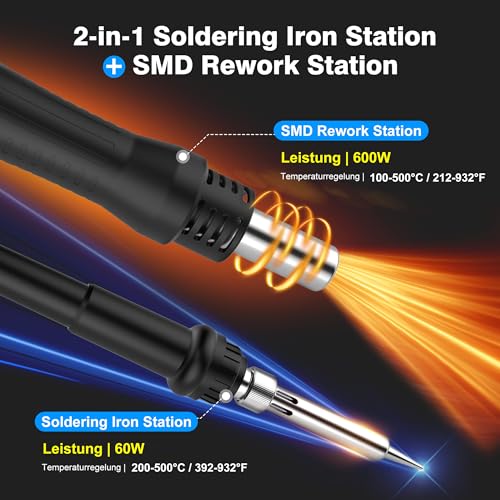 YEEHONEC 600W 2 in 1 Lötstation, Lötkolben + Heißluftpistole, LED-Anzeige, einstellbare Temperatur 100-500°C, °C/°F-Umrechnung, Temperaturkalibrierung und Sleep-Funktion
