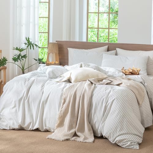 Image of MooMee Striped Duvet Cover Set 100% Washed Cotton Linen Like Queen | Relaxed Linen-like Texture. Soft, Breathable & Long-lasting Comfort. Lightweight. Hidden Zipper with 8 Interior Corner Ties