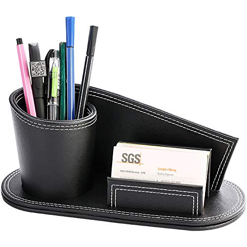 RHCSZ Office Accessories Creative Stylish Leather Pen/Pencil Holder,Multi-Function Desktop Stationery Caddy Organizer & Business Cards Holder Stand(Black)