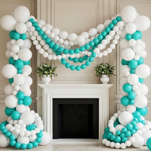 Image of Teal Blue Linking Balloons, 100PCS 6 Inch Turquoise Quick Link Balloons for Making Balloon Wall Heart Arch, Tails Balloon for Wedding Birthday Bridal Baby Shower Mermaid Pool Octopus Party Decorations