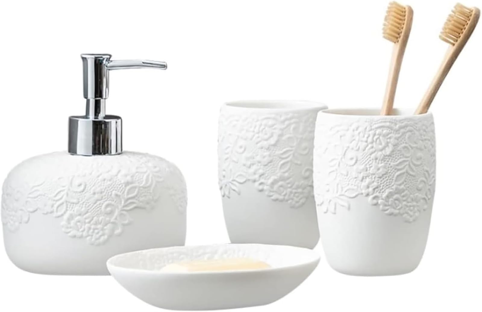 Juego de accesorios de baño – Juego de accesorios de baño de cerámica de diseño moderno – 4 piezas con detalles decorativos