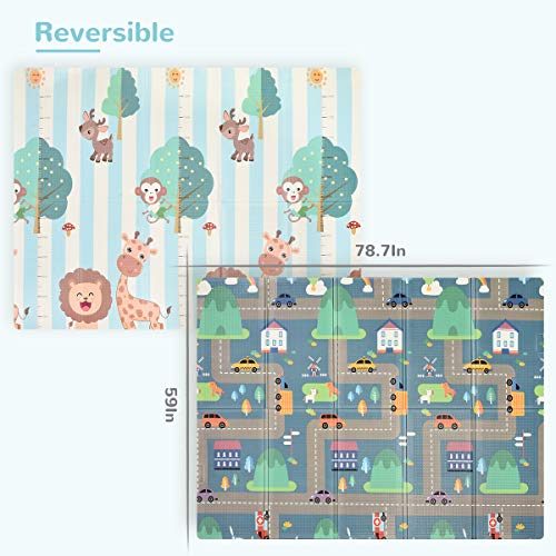 Baby Reversible Play Mat 78.7inchx 59inchx0.4inch Double-Sided Crawling Mat Foldable Waterproof Non-Toxic Portable BPA Free Floor Mat for Toddlers, Infants, Kids (Road of City)