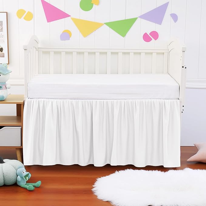 Crib Ruffle Bed Skirt Microfiber Nursery Bedding Skirt for Baby Girls (28” x 52” x 16") Inch - White Solid