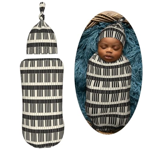 Image of Piano Keyboards with Black Background Newborn Swaddle Blankets Hat Sets Soft Baby Receiving Blanket Swaddle Sack for Baby Shower Infant Boy Girl Gift