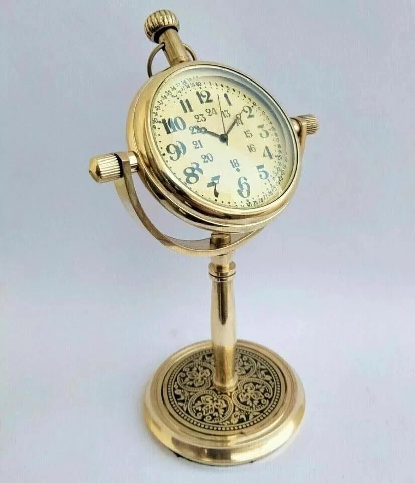 Vintage Brass Desk Clock with Ornate Stand, Antique Nautical Table Clock, Gold Finish, Decorative Timepiece with Roman Numerals