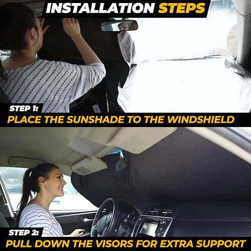 Image of Car Windshield Sun Shade, 240T Reflective Polyester Sunshade Blocks 99% UV Rays and Heat, Keeps Interior Cool, Foldable Sunshade for Car SUV and Truck with Storage Bag,Large (64 inch x 34 inch)