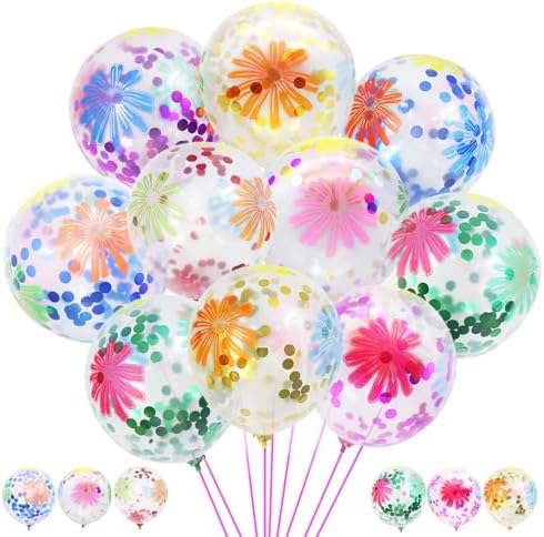 50 Pieces Flower Print Confetti Balloons 12 Inch Colorful Clear F...