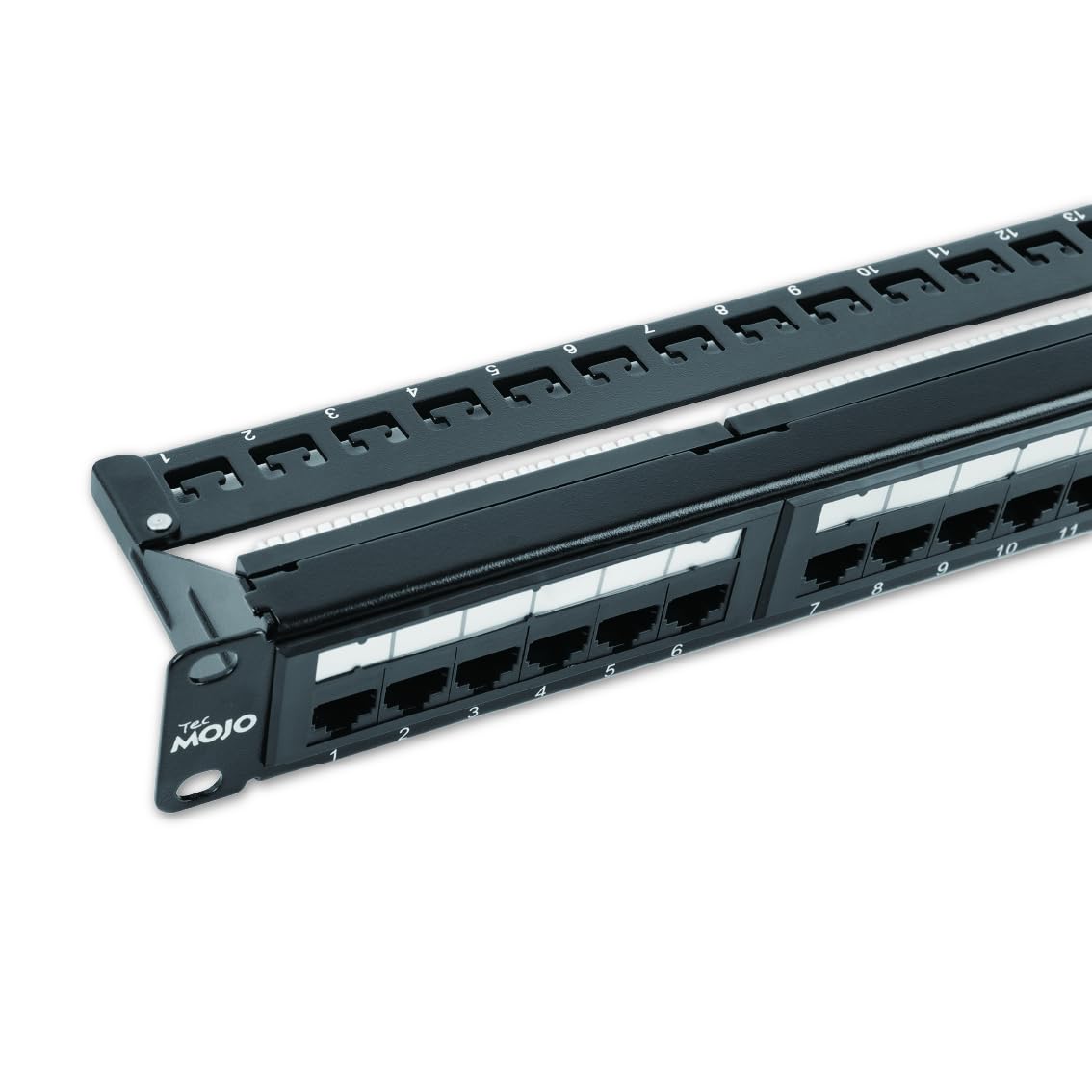 Tecmojo Pannello patch Cat6 a 24 porte elencato UL, Patch Panel di rete 1U per apparecchiature per montaggio su rack da 19", supporto 10G, con gestione dei cavi, non schermato