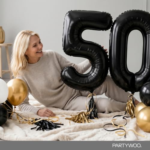 Image of PartyWoo Black Number 50 Balloon 40 Inch 25pcs Black Foil Star White Gold