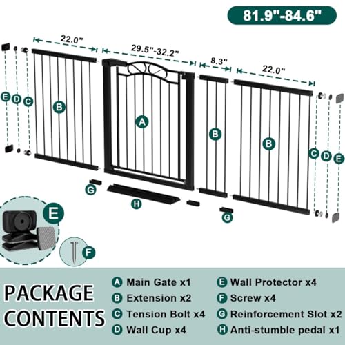 Image of Fairy Baby 81.9 inch-84.6 inch Extra Wide Baby Gate for Stairs, Pressure Mounted Auto Close Child Safety Gate with Door No Drill, Large Long Pet Dog Gate for the House Doorways, 82 83 84 Inches Wide, Black