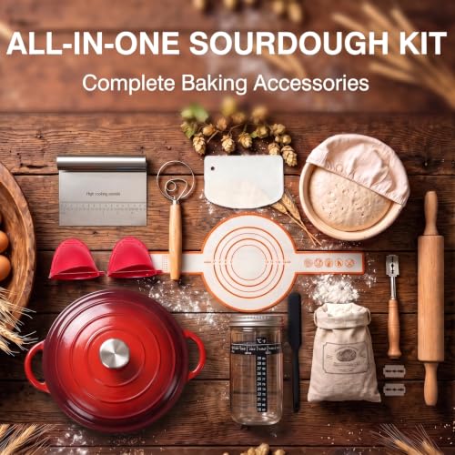 Image of Enameled Cast Iron Dutch Oven Pot with Lid 5.5QT, Sourdough Bread Baking Supplies with Banneton Bread Proofing Basket Set & Starter Jar, Unique Dutch Oven for Bread Baking (Gradient Red)