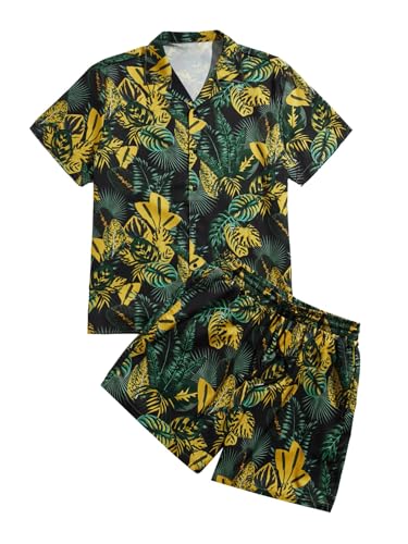Men's 2 Piece Tropical Print Button Down Shirt and Shorts Sets