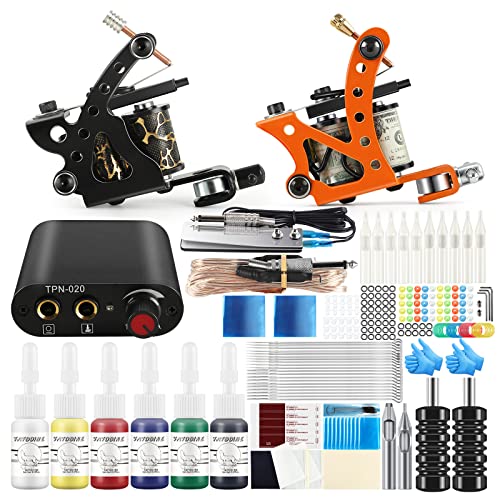 Tatooine Complete Tattoo Kit 2 Pro Tattoo Machine Kit Tattoo Guns for Liner and Shader with Power Supply 6 Tattoo Inks 20 Tattoo Needles Tips Grips Tattoo Supplies Set for Beginers and Tattoo Artists