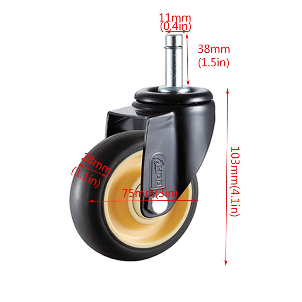 4X Lenkrollen, Möbelrolle, Steckbare Montagestange,Transportrollen,Schwerlastrollen mit Bremse, Gummirädern, Maximale Tragfähigkeit 300 kg (3inch,Swivel+brake)