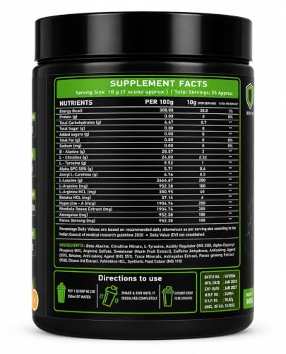 Image of Black Venom Pre-Workout Powder |Tangy Orange Flavour| Caffeine 280mg |25 Servings | 250 gm Pack of 5