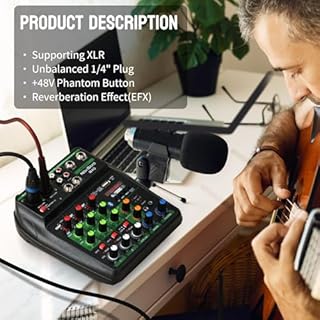 DJ Audio Mixer, DJ Mixers 4 Channel Sound Board with Bluetooth, NEW BAXS Sound Mixer Board XRL/1/4" Interface, USB/MP3 Computer Input 48V Phantom Power Stereo DJ Studio Streaming KTV Stage,Balck