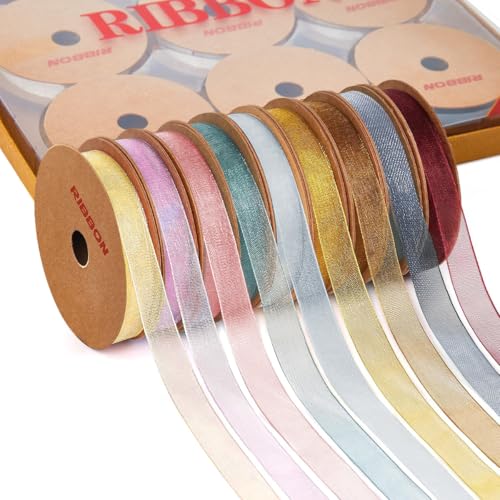 3/8 x 90 Yards Organza Ribbon Set 9 Rolls x 10 Yards Sheer Ribbon for Gift Wrapping Crafts Christmas Decorating Embroidery Crafting Sewing Wedding Birthday Party. (Mixed Color-5)