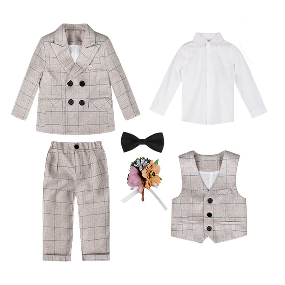 4/5/6 Piezas Traje de Boda para Niños Graduación Traje,Conjunto de Traje a Cuadros con Doble Botonadura Bebe Niño de Traje de Caballeros para Ceremonia Fiesta Trajes de Bautizo de Chico
