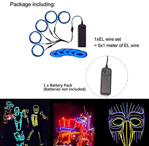 Image of MaxLax Blue EL Wire, Noise Reduction Neon Lights Wire 5 in 1 Meter, Electroluminescent Wire for Halloween, Christmas Party, DIY Decoration