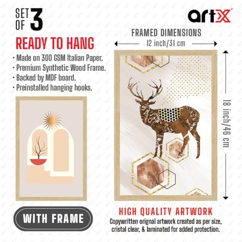 Image of ArtX Paper Modern Art Wall Painting For Living Room, Drawing Room Decoration Big Size, Deer Framed Painting for Wall Decoration, Wall Decor For Bedroom, Multicolor, 12.0 x 18.0 inches, Set Of 3