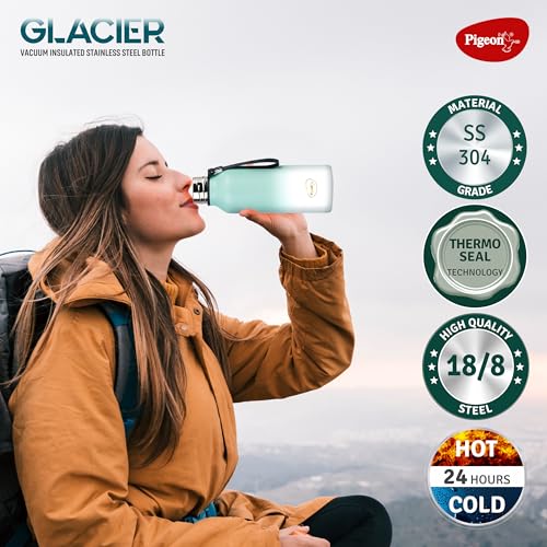 Image of Pigeon by Stovekraft Glacier 750 ml Vacuum Wide Mouth Bottle, Hot & Cold Retention & Leak Proof (Teal Blue)