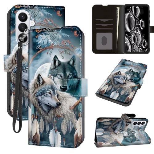 ACWDMKH for Samsung Galaxy S26 Case Walle with Card Holder Slots & Wrist Strap & Kickstand Flip Folio Leather Magnetic Protective Shockproof Rugged Heavy Duty Cover,Dream Catcher Wolf