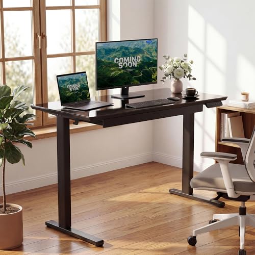 Image of YDN Glass Standing Desk with Drawer, 40 x 24 Inches Electric Adjustable Height Desk, Sit Stand Home Office Desk with Tempered Glass Top, 4 Memory Presets Ergonomic Computer Desk, Black