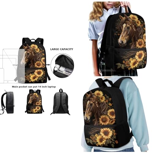 Brown Horse Backpack for School Girls 7Th Grade Sunflower Rucksack Preschool Elementary Middle Bookbag Lightweight Children's School Bag Back to School 3 in1 Set2