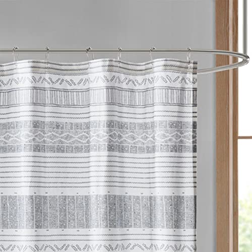 Image of Ink+Ivy Cody 100% Cotton Shower Curtain, Boho Chic Printed Striped with Tassel Pompom, Fringes Trim, Modern Bathroom Decor, Machine Washable 72 inch x 72 inch Grey /Navy