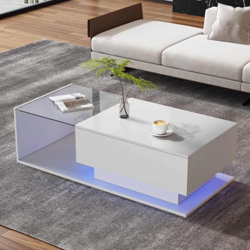 KOMHTOM Table Basse Blanche avec Plateau en Verre et Plateau Brillant, Table d'appoint LED avec...