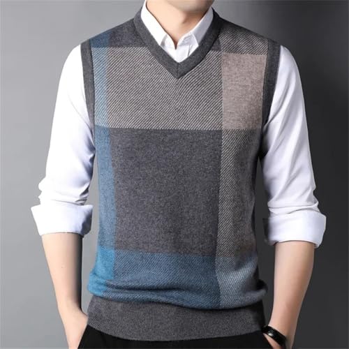 Men Sleeveless Sweater Vest 100 Percent Wool V Neck Thick Textured Plaid Fall Winter Warm3