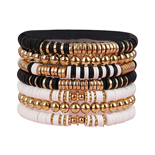 Colorful Surfer Stretch Bracelet, Letter Vinyl Beads Bracelet Set, Handmade Elastic Rope Heishi Bracelet, Summer Beach Bracelet for Women and Girls (gold bracelet B)