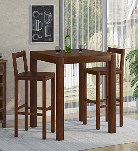 Image of Wooden Bar Dining Table and Chair /Solid Sheesham Wood Bar Table for Balcony with 2 Chairs (Solid Sheesham Wood, 2 Seater, Teak Finish)
