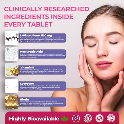 Image of The Body Reserve Japanese L-Glutathione Tablets for Skin Whitening | 500mg Glutathione Supplements with Hyaluronic Acid, Vitamin E, Lycopene & Biotin | Skin Glow & Collagen Support | Sugar-Free, 30 Tablets