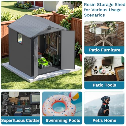 Image of Devoko 6x6 FT Plastic Outdoor Storage Shed - Lockable Resin Tool Shed with Window & Floor - Easy Assembly for Garden, Backyard, Dark Gray