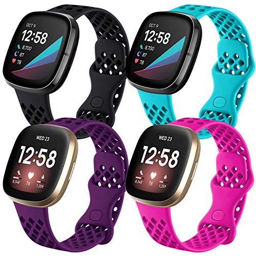 Maledan Bands Compatible with Fitbit Sense and Versa 3 for Women Men, Breathable Sport Band Replacement Wristbands Waterproof Watch Strap with Air Holes, Small, 4-Pack Black/Teal/Plum/Rose Pink