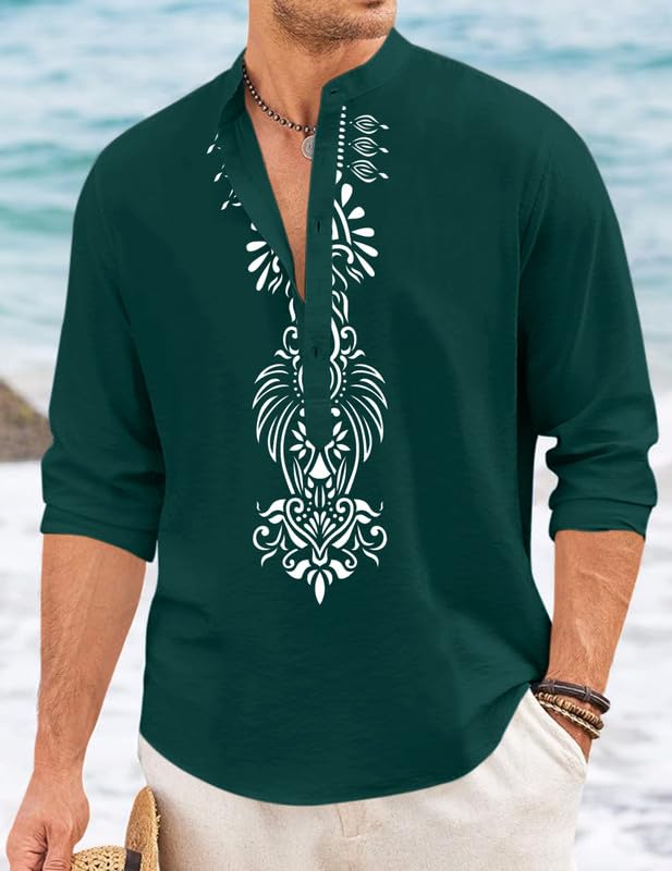 Image of FINIVO FASHION Men's Cotton Blend Short Kurta with Bold Printed Front Design | Full Sleeve Ethnic Casual Kurta with Mandarin Collar | Artistic Festival & Travel Wear for Modern Ethnic Style